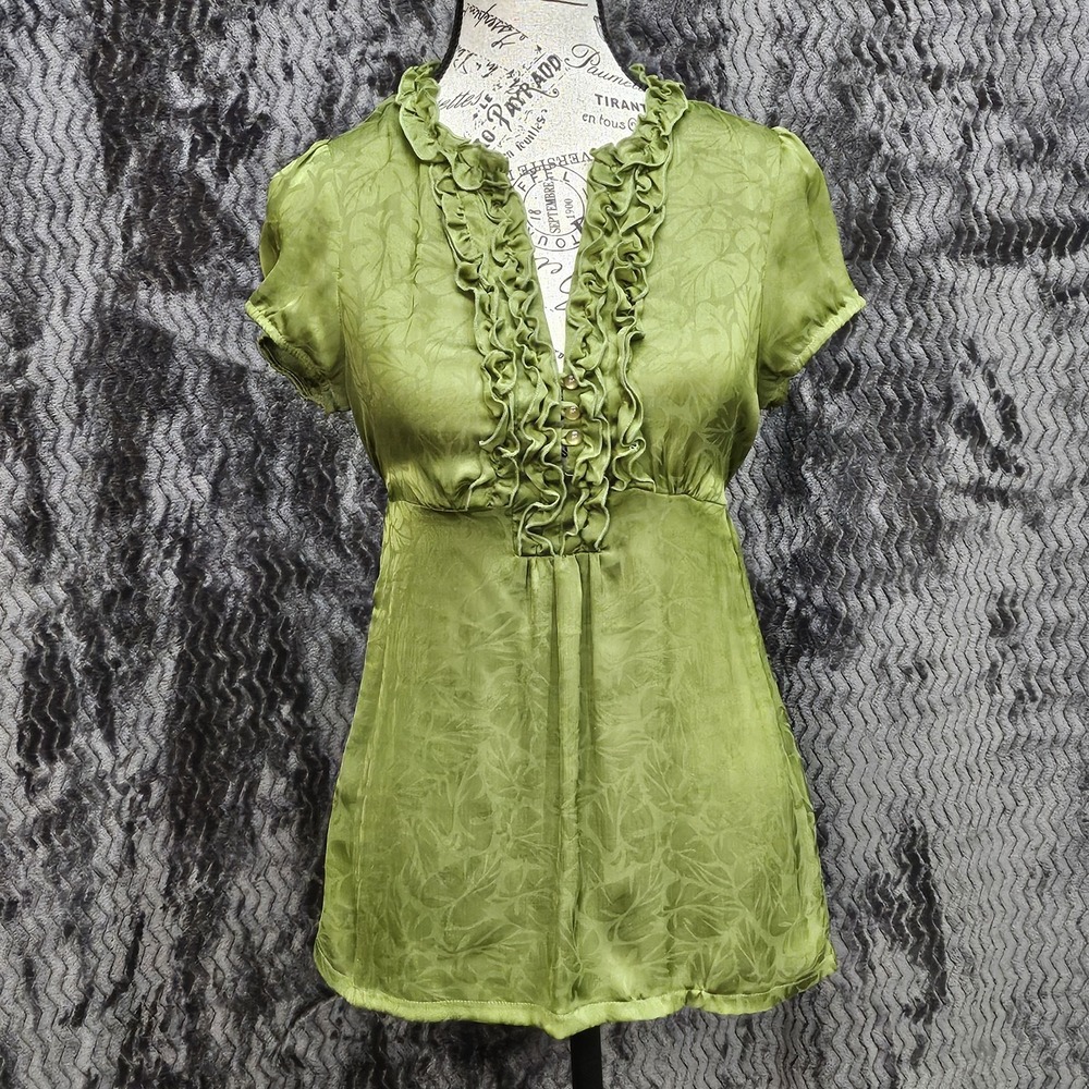 Maurices Jacquard Ruffle V-Neck Top Womens S Fairycore Babydoll Earthy Botanical